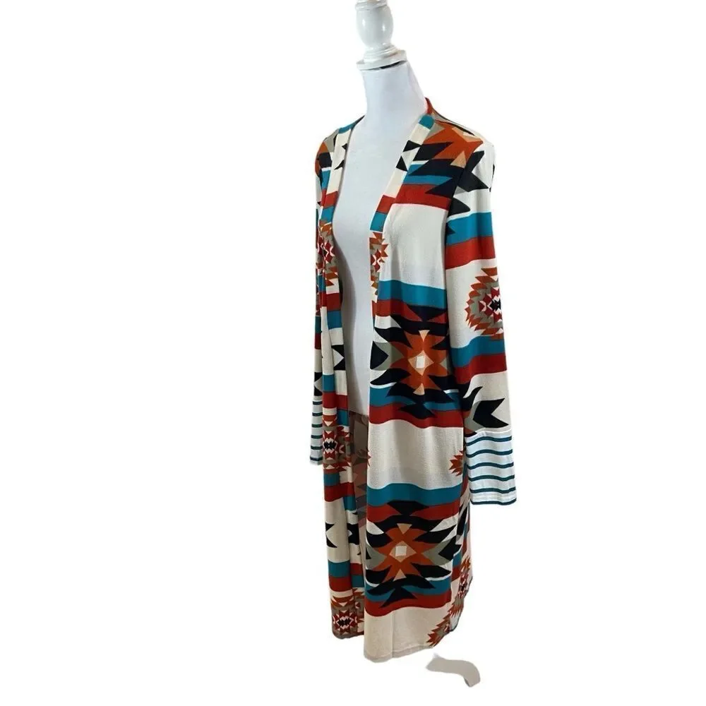 Ladies One Eleven‎ North Brand Aztec Print Long Duster Open Front Sweater Medium